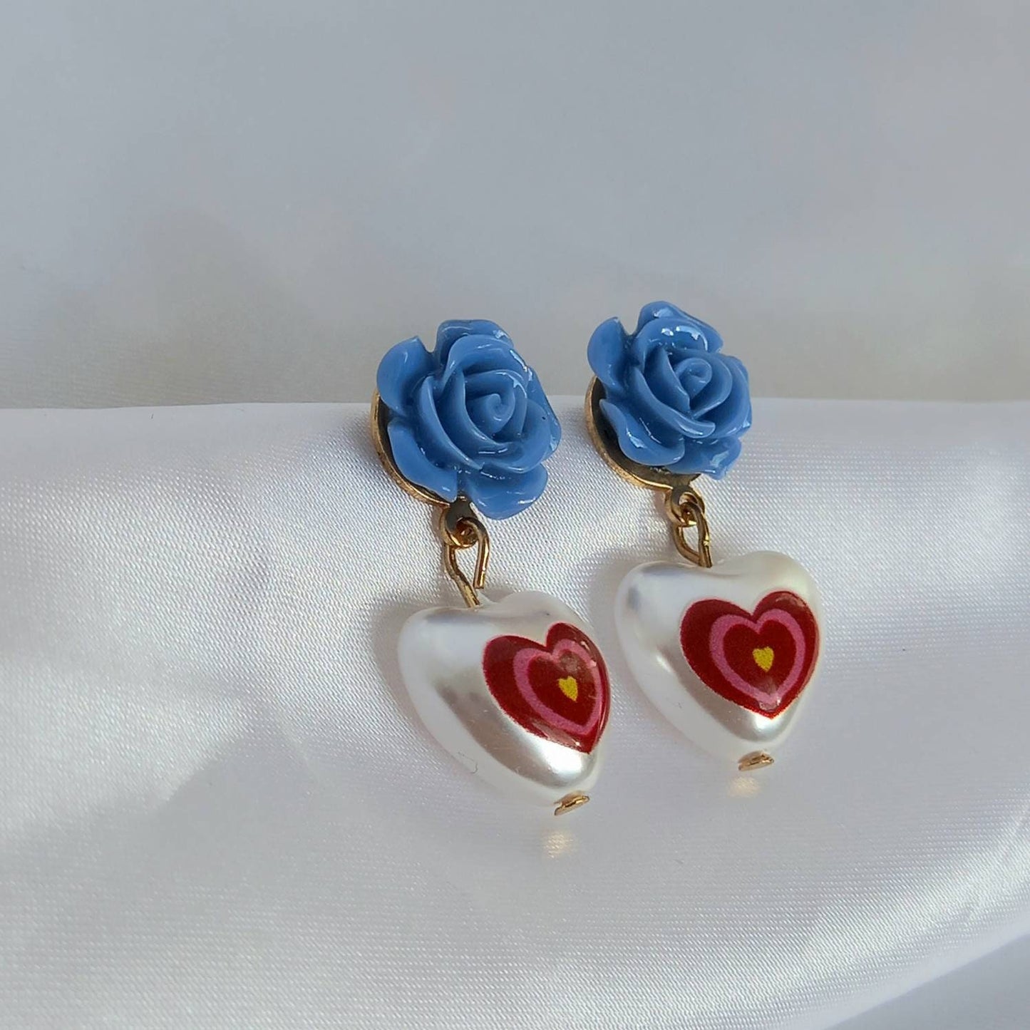 Pink & Blue Retro Heart Drop Earrings - Red Heart Earrings,Pearl Earrings,Heart Jewellery,Blue Flower Earrings In The UK,Jewellery In The UK