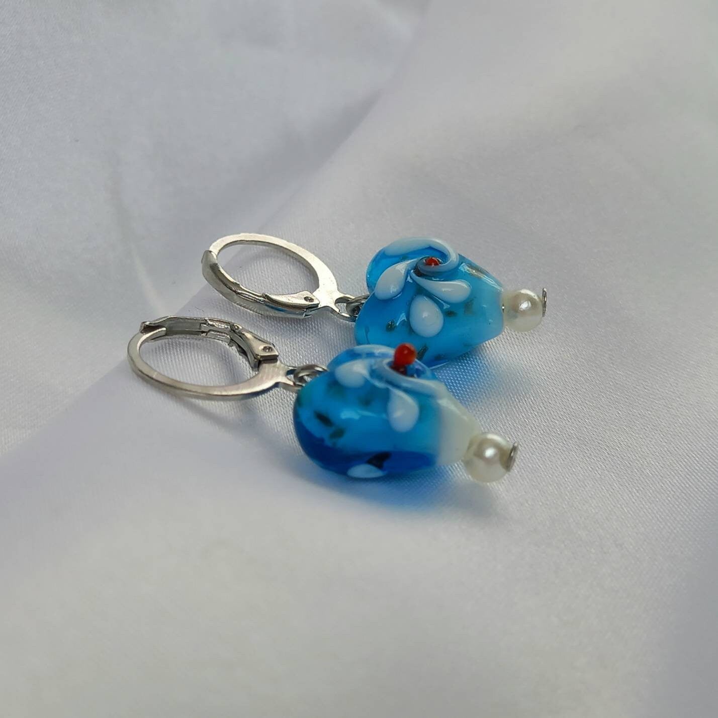 Blue & Silver Bead Heart Earrings - Blue Bead Earrings,Blue Bead Jewellery,Beaded Earrings In The UK,Beaded Jewellery,Blue Heart Earrings