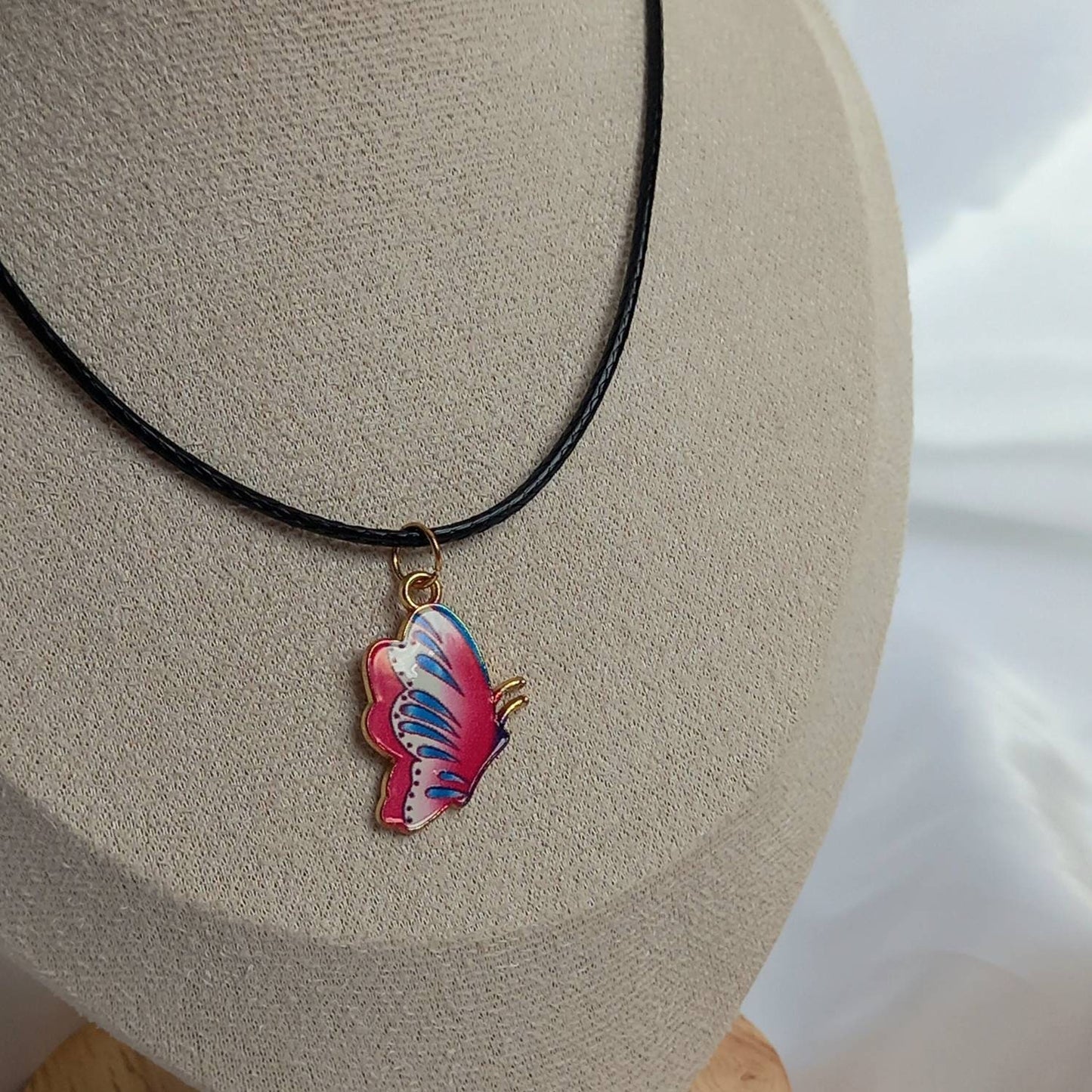 Pink Butterfly Charm Necklace - Pink Butterfly Necklaces,Pink Butterfly Jewellery,Butterflies,Black Necklaces In The UK,Jewellery In The UK