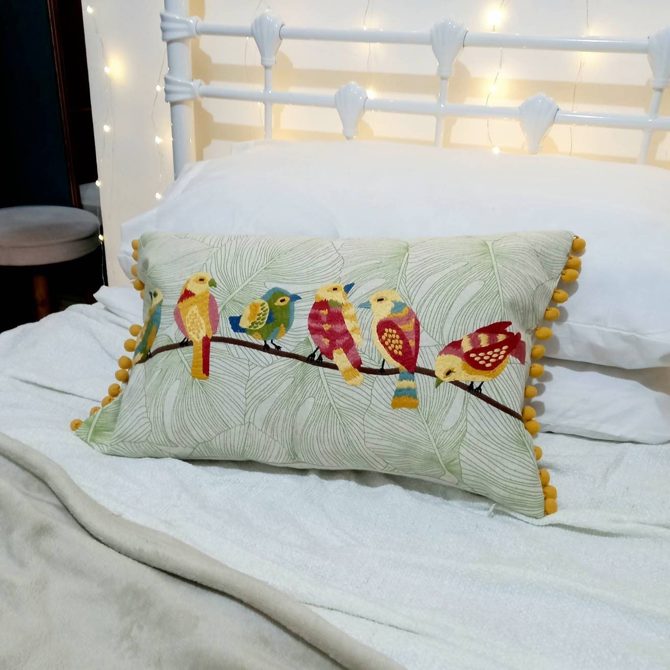 Embroidered Bird Cushion Cover - Pom Pom Cushion,Yelllow Cushions In The UK,Housewarming Gift,Throw Pillows,Green Cushions,Bird Home Decor