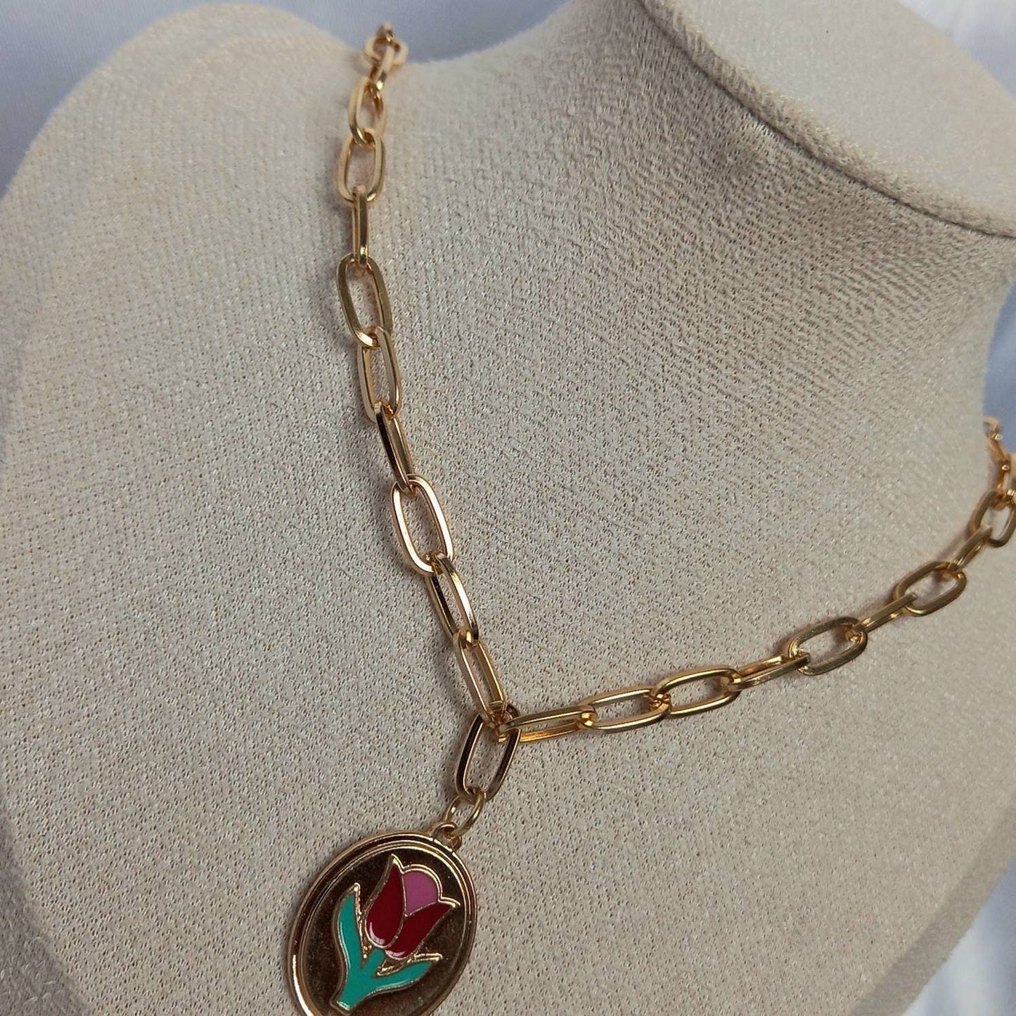 Gold Tulip Flower Necklace - Gold Necklaces In The UK,Gold Jewellery In The UK,Pink Tulip Necklace,Pink Flower Necklace,Gold Chain Necklaces