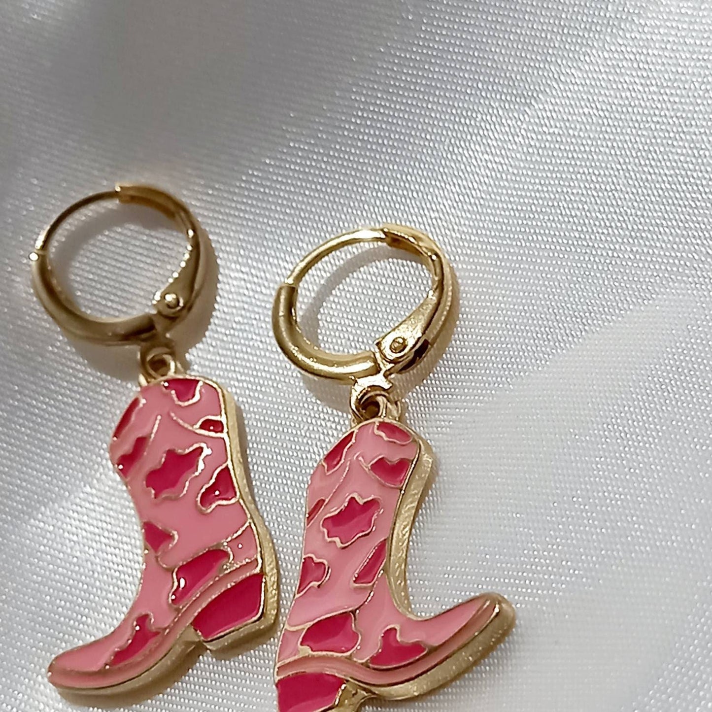 Pink Cowgirl Boot Drop Earrings - Pink Earrings,Pink Jewellery,Country,Western,Gold Earrings In The UK,Pink Cowboy Boots Earrings