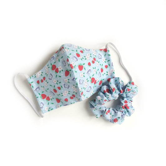 Reusable Blue Flower Face Mask And Matching Scrunchie - Face Covering, Strawberry Pattern, Flower Pattern, Floral Design, Hair Accessory