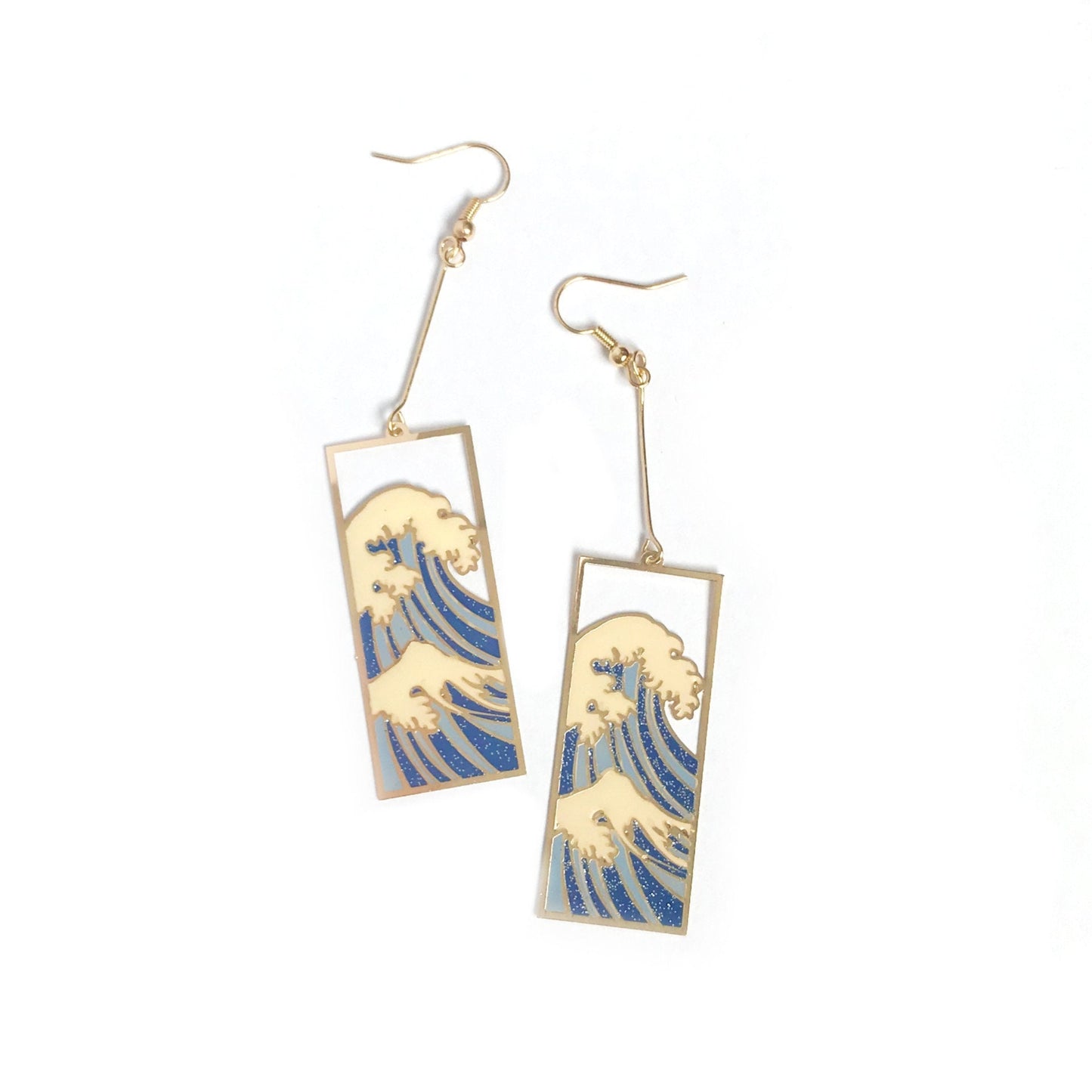 Gold Wave Design Rectangle Drop Earrings - Fish Hook Closure,High Polished,Hanging Jewellery,Accessories,Wave Earrings,Wave Jewlellery,Beach