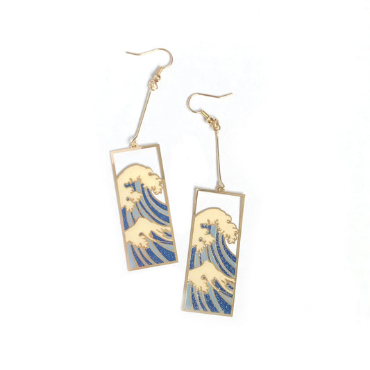 Gold Wave Design Rectangle Drop Earrings - Fish Hook Closure,High Polished,Hanging Jewellery,Accessories,Wave Earrings,Wave Jewlellery,Beach