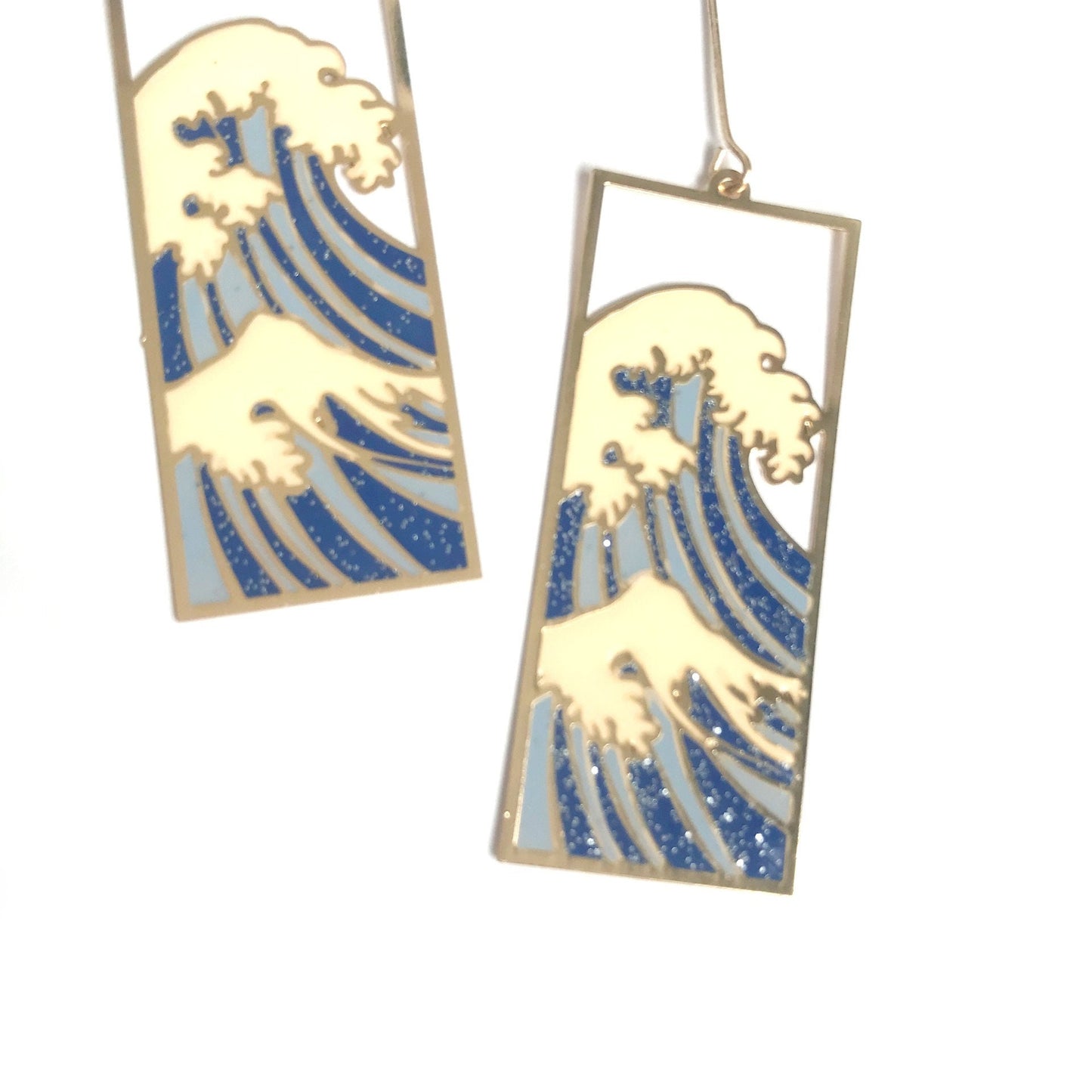 Gold Wave Design Rectangle Drop Earrings - Fish Hook Closure,High Polished,Hanging Jewellery,Accessories,Wave Earrings,Wave Jewlellery,Beach