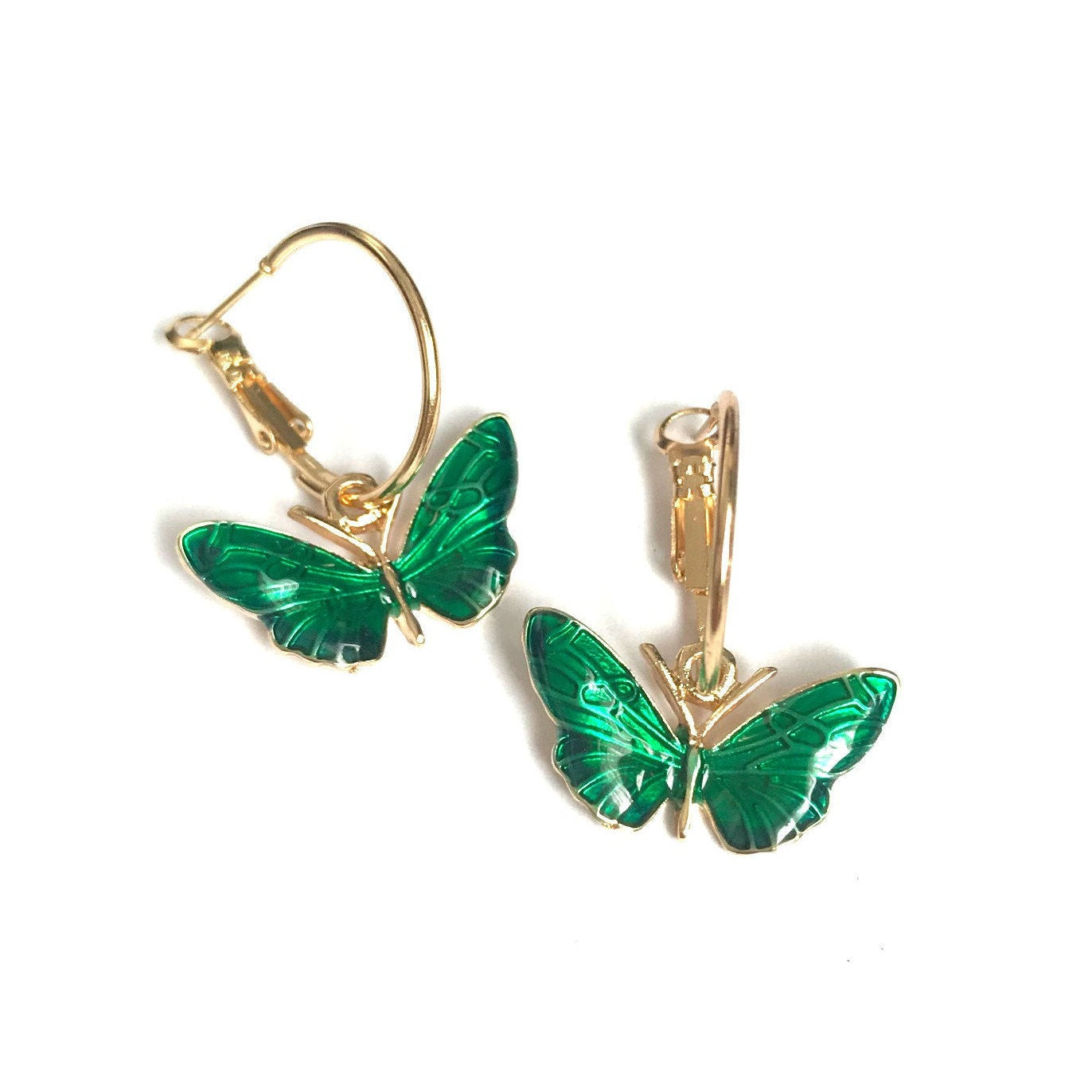 Gold and Green Butterfly Charm Drop Earrings -  High Polished, Hanging Jewellery, Accessories, Butterfly Jewellery, Gold Earrings, Emerald