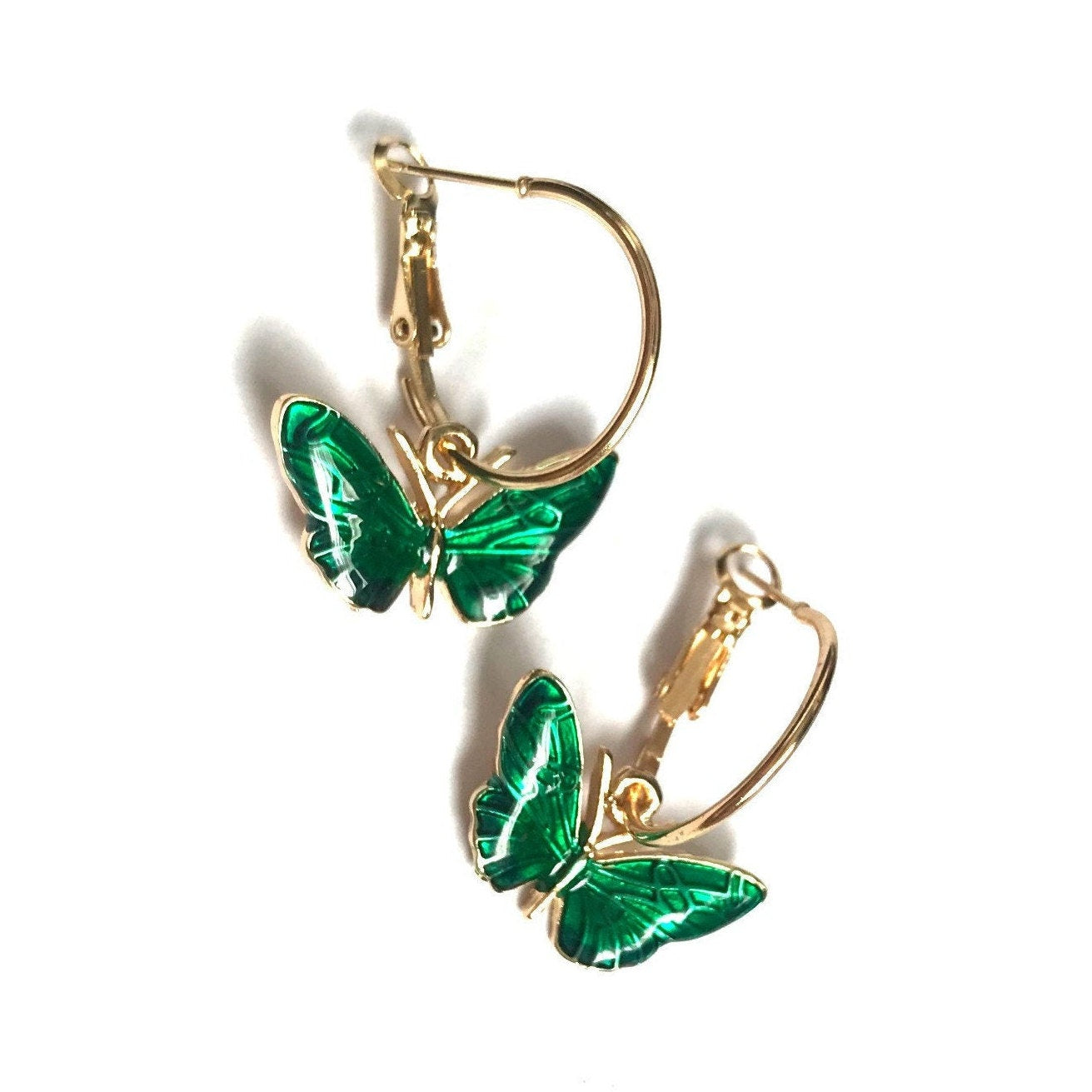 Gold and Green Butterfly Charm Drop Earrings -  High Polished, Hanging Jewellery, Accessories, Butterfly Jewellery, Gold Earrings, Emerald