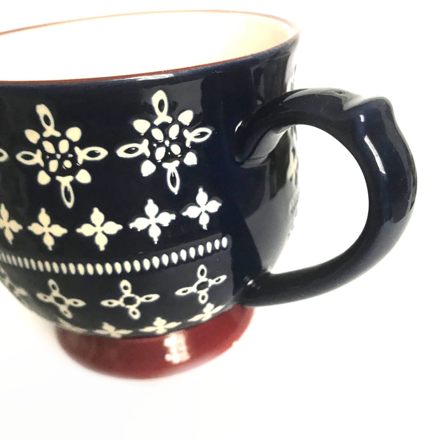 Large Navy Blue Pattern Mug - Coffee Cup, Gifts For Her, Herbal Tea Cup, Mosaic Style, Tapas Style, Moorish Style, Burgundy & Blue Mug