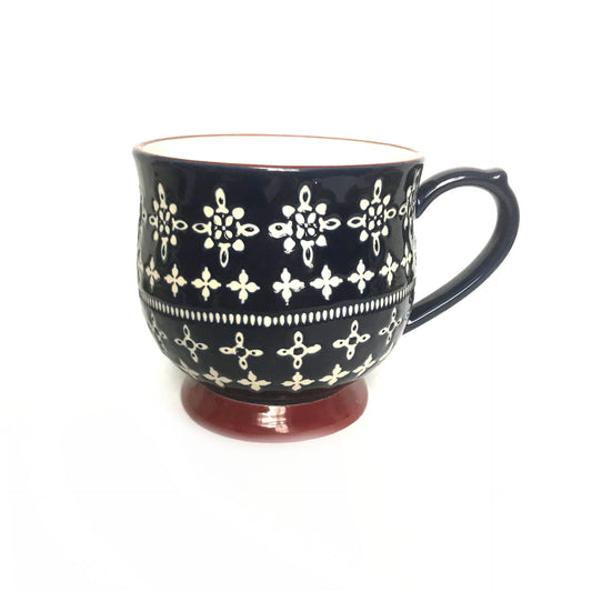 Large Navy Blue Pattern Mug - Coffee Cup, Gifts For Her, Herbal Tea Cup, Mosaic Style, Tapas Style, Moorish Style, Burgundy & Blue Mug