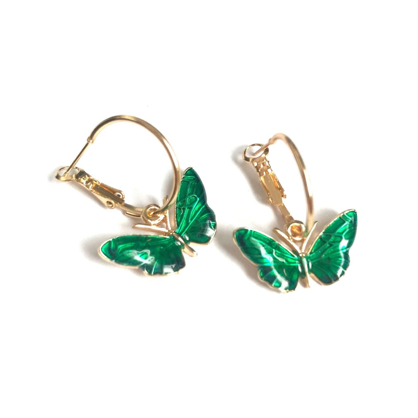 Gold and Green Butterfly Charm Drop Earrings -  High Polished, Hanging Jewellery, Accessories, Butterfly Jewellery, Gold Earrings, Emerald