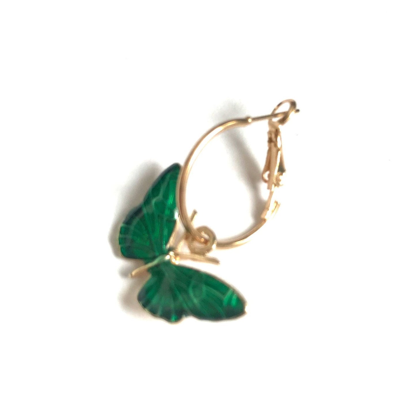 Gold and Green Butterfly Charm Drop Earrings -  High Polished, Hanging Jewellery, Accessories, Butterfly Jewellery, Gold Earrings, Emerald