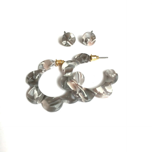 Matching Set Grey & White Hoop Earrings and Studs - Lightweight, Resin, Everyday,  Grey Earrings, Hoop Earrings,Stud Earrings,Jewellery Set