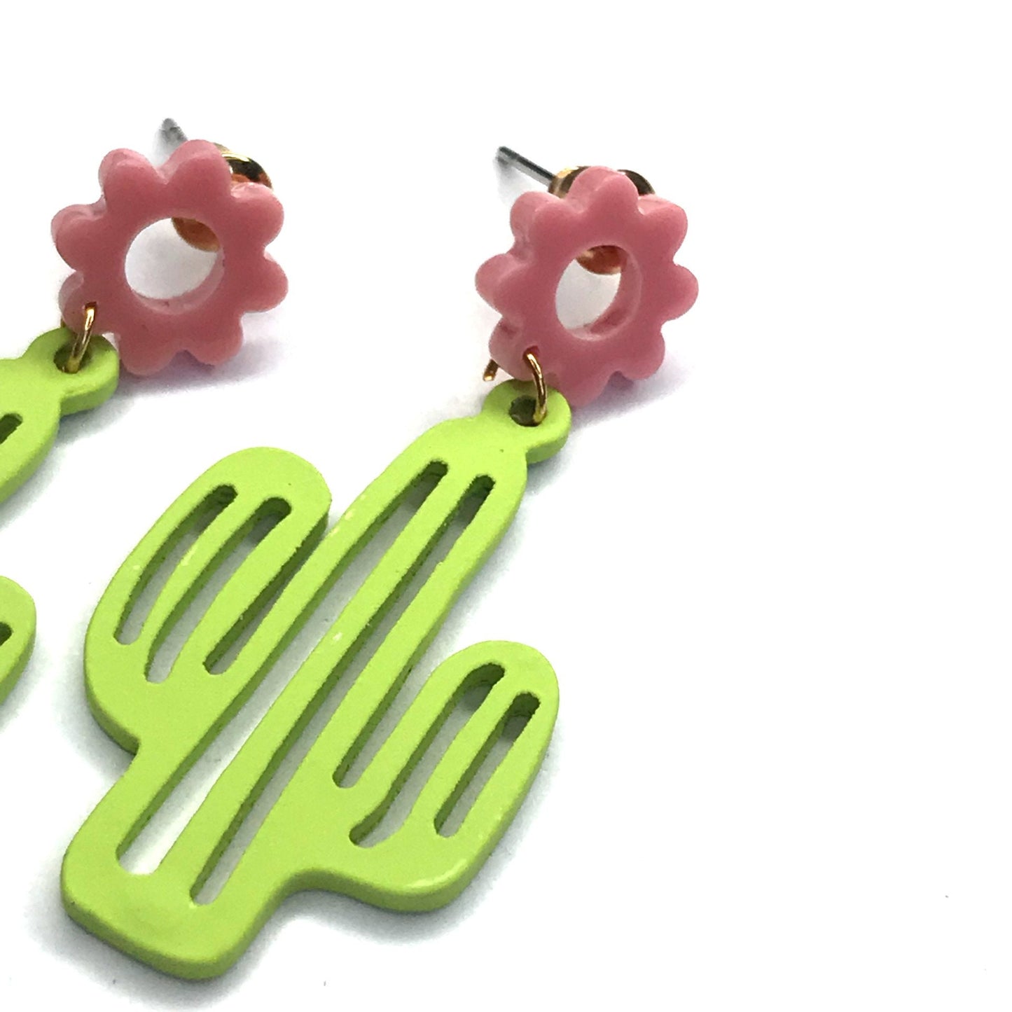 Cactus Drop Earrings - Hanging Jewellery, Accessories,Cactus Earrings,Cactus Jewlellery,Pink Flower Earrings,Green Cactus,Statement Earrings