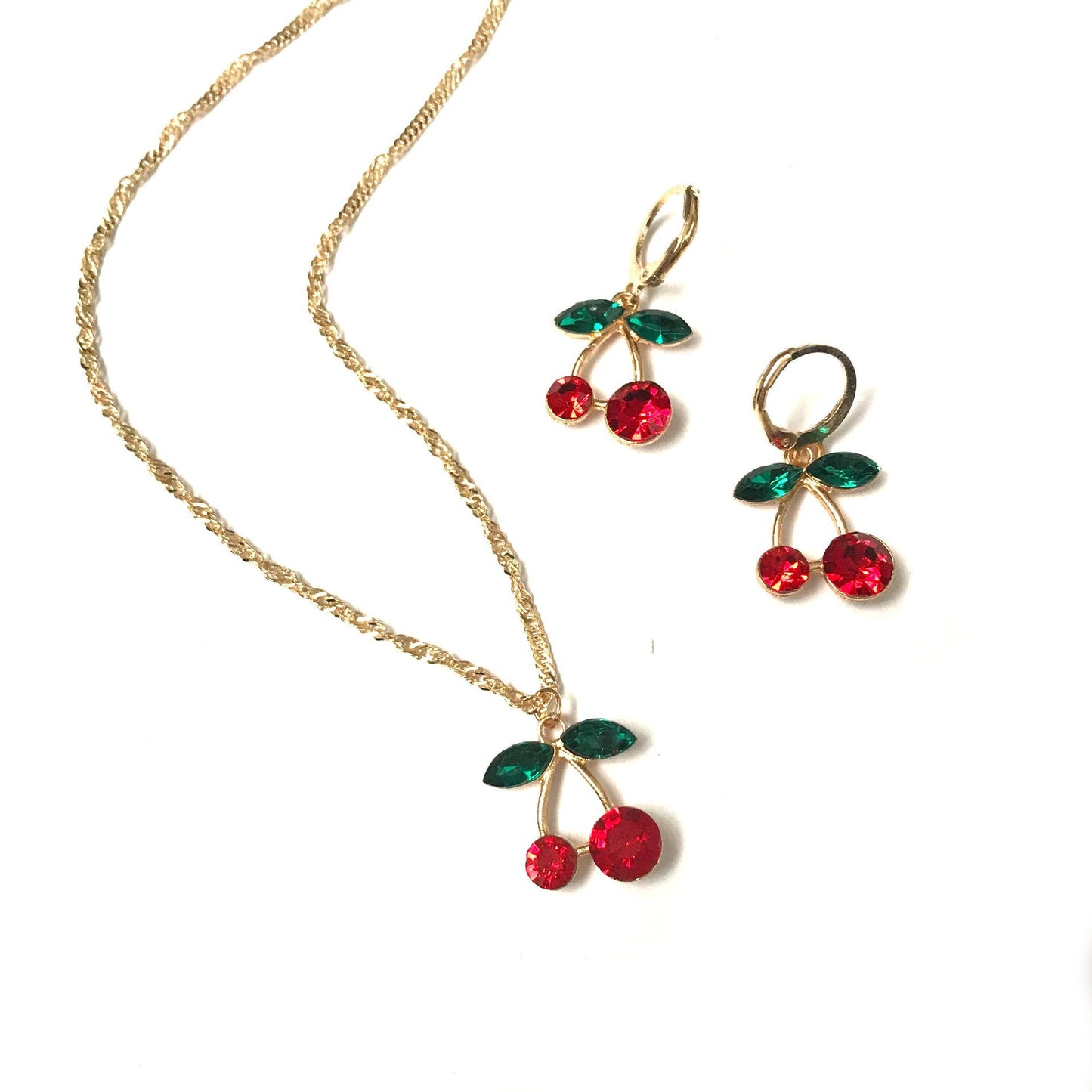 Cherry Jewellery Set - Hanging Jewellery, Accessories, Cherry Earrings, Cherry Jewlellery, Cherry Necklace,Red Jewellery Set,Green Jewellery