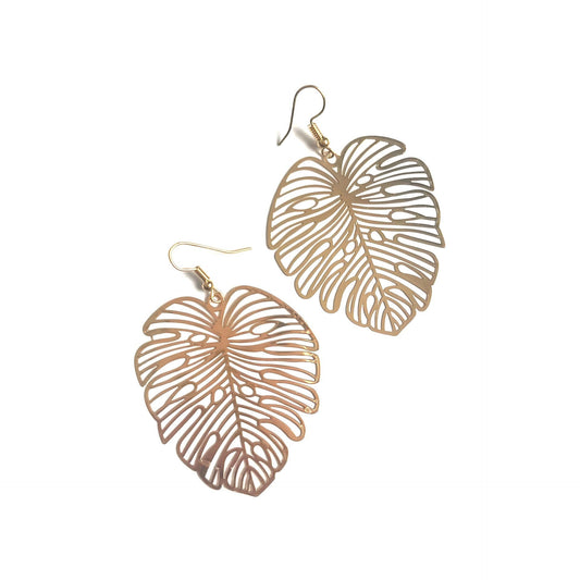Hollow Gold Tropical Leaf Design Drop Earrings - Fish Hook Closure, Hanging Jewellery,Accessories, Earrings,Tropical Jewlellery,Beach