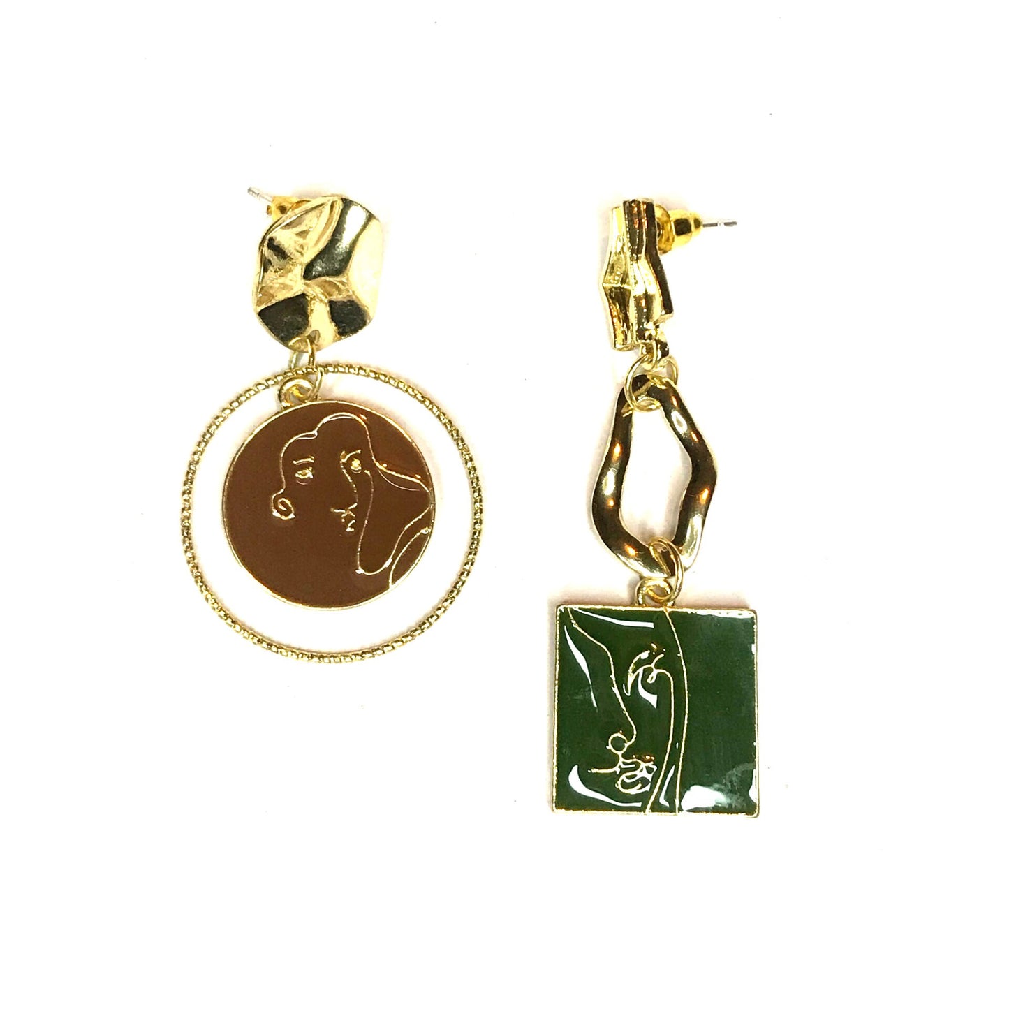 Gold Plate Abstract Face Charm Miss Match Drop Earrings - Feminist Earrings, Abstract Face Earrings, Abstract Jewellery, Hanging Jewellery