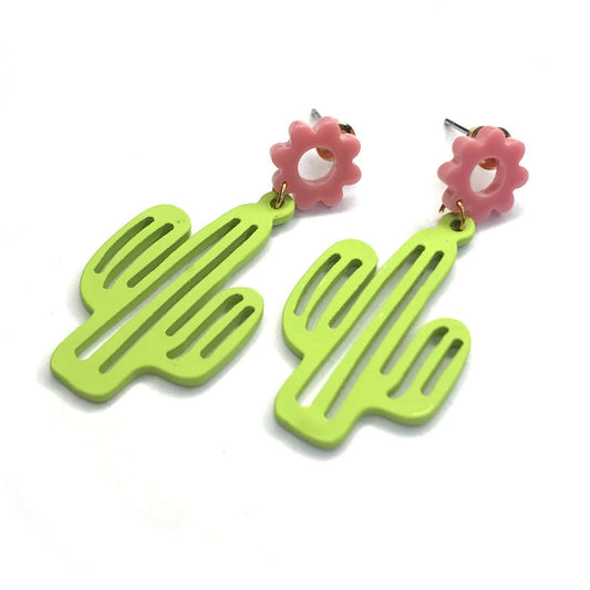 Cactus Drop Earrings - Hanging Jewellery, Accessories,Cactus Earrings,Cactus Jewlellery,Pink Flower Earrings,Green Cactus,Statement Earrings