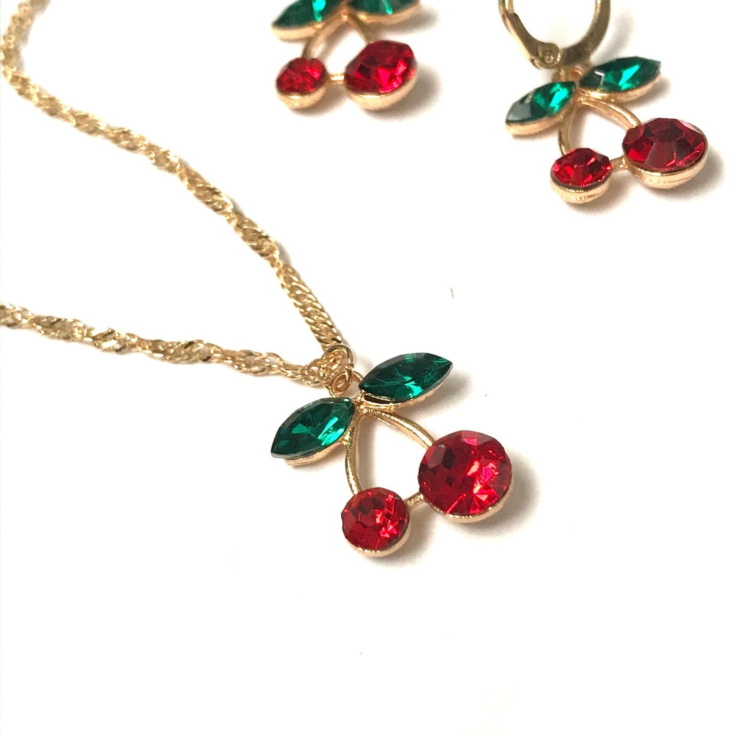 Cherry Jewellery Set - Hanging Jewellery, Accessories, Cherry Earrings, Cherry Jewlellery, Cherry Necklace,Red Jewellery Set,Green Jewellery