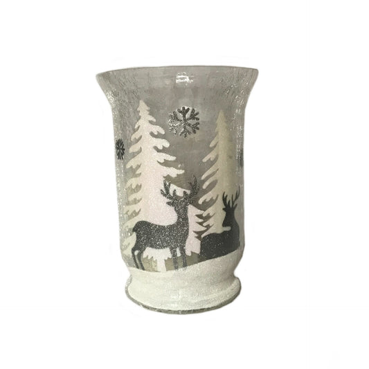 Cracked Glass Winter Candle Holder With Church Candle - Decorative Bottle, vintage, Art Deco Style, Gift, Glassware, Homeware, Snowflake