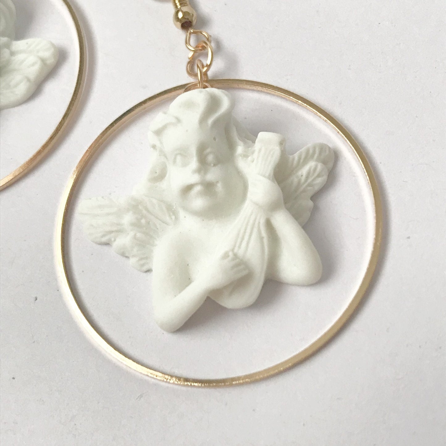 Gold & White Cherub Hoop Earrings - Lightweight Hoop Earrings, Cherub Earrings, Love Earrings, Cute Earrings, Gold Earrings, Gold Jewellery