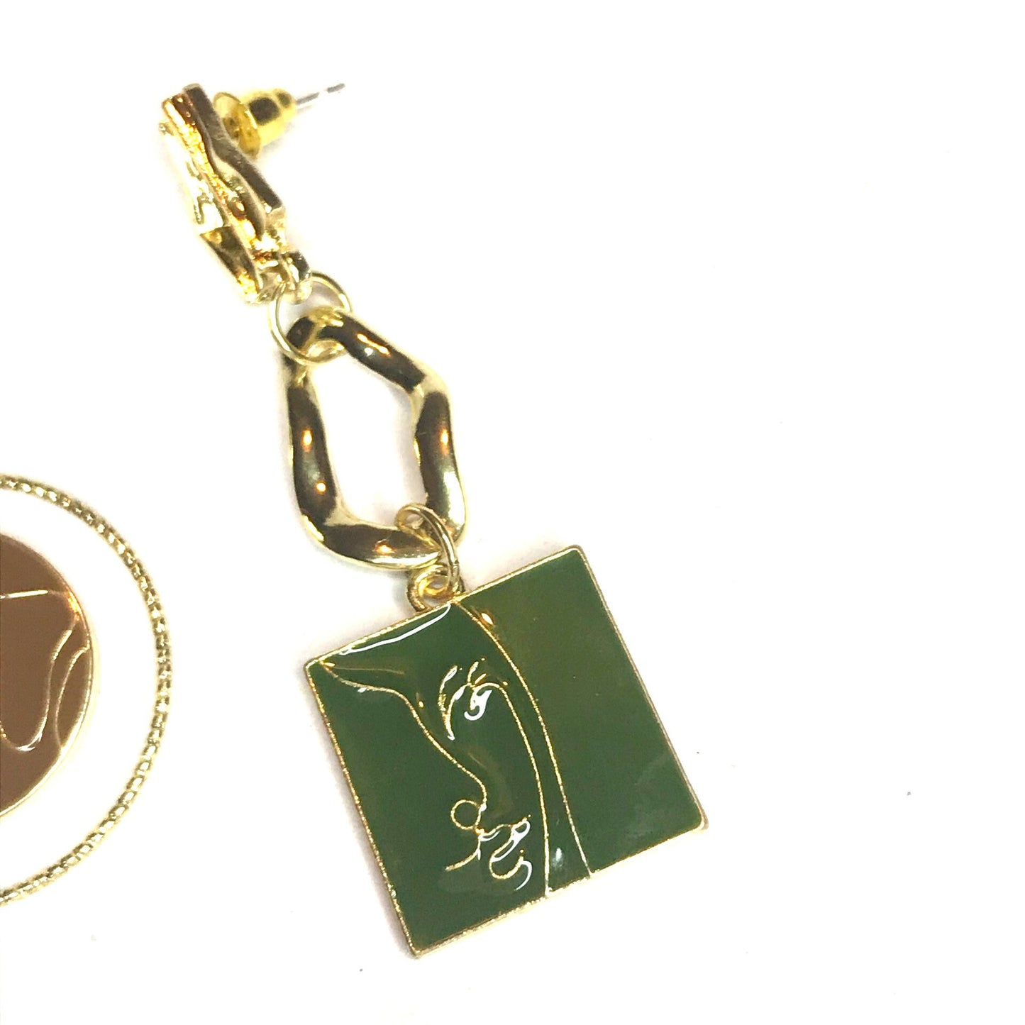 Gold Plate Abstract Face Charm Miss Match Drop Earrings - Feminist Earrings, Abstract Face Earrings, Abstract Jewellery, Hanging Jewellery