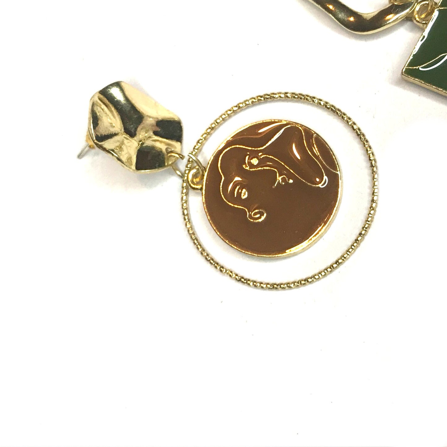 Gold Plate Abstract Face Charm Miss Match Drop Earrings - Feminist Earrings, Abstract Face Earrings, Abstract Jewellery, Hanging Jewellery