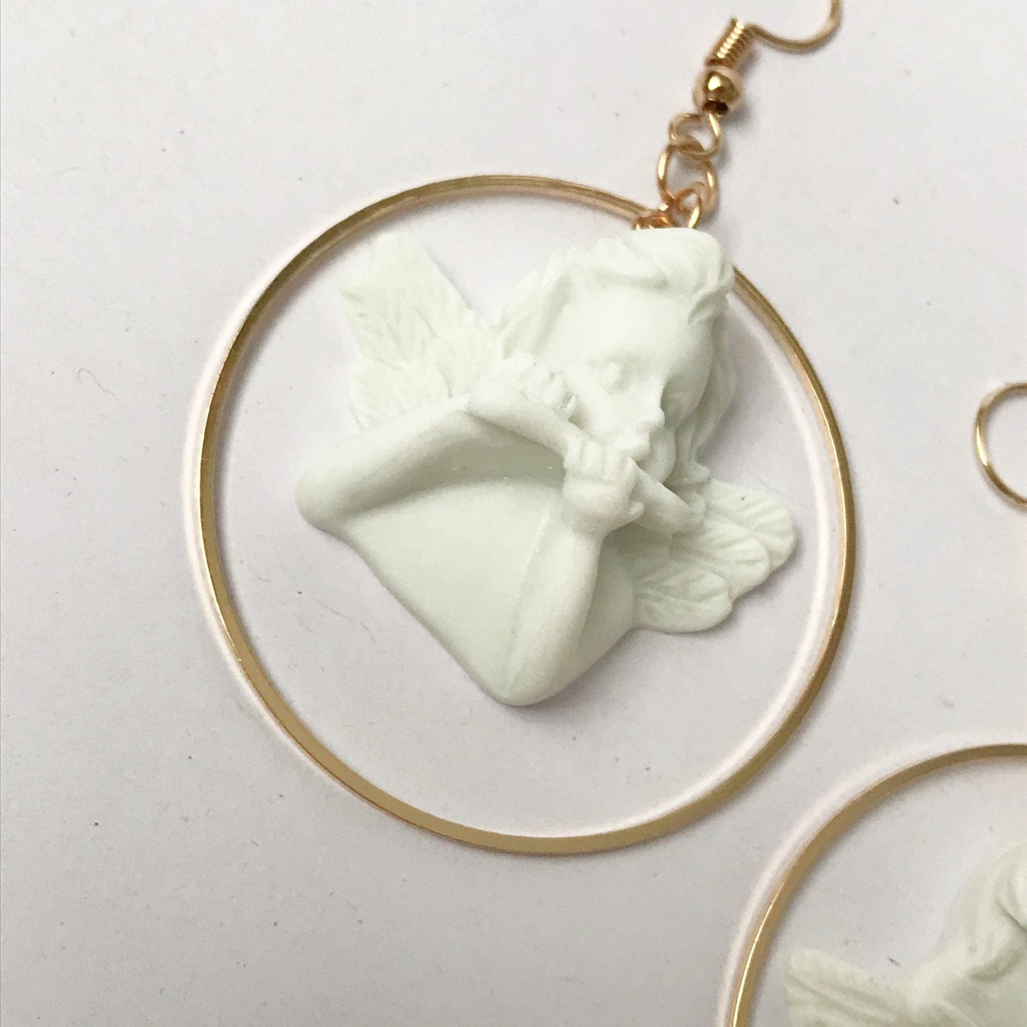 Gold & White Cherub Hoop Earrings - Lightweight Hoop Earrings, Cherub Earrings, Love Earrings, Cute Earrings, Gold Earrings, Gold Jewellery