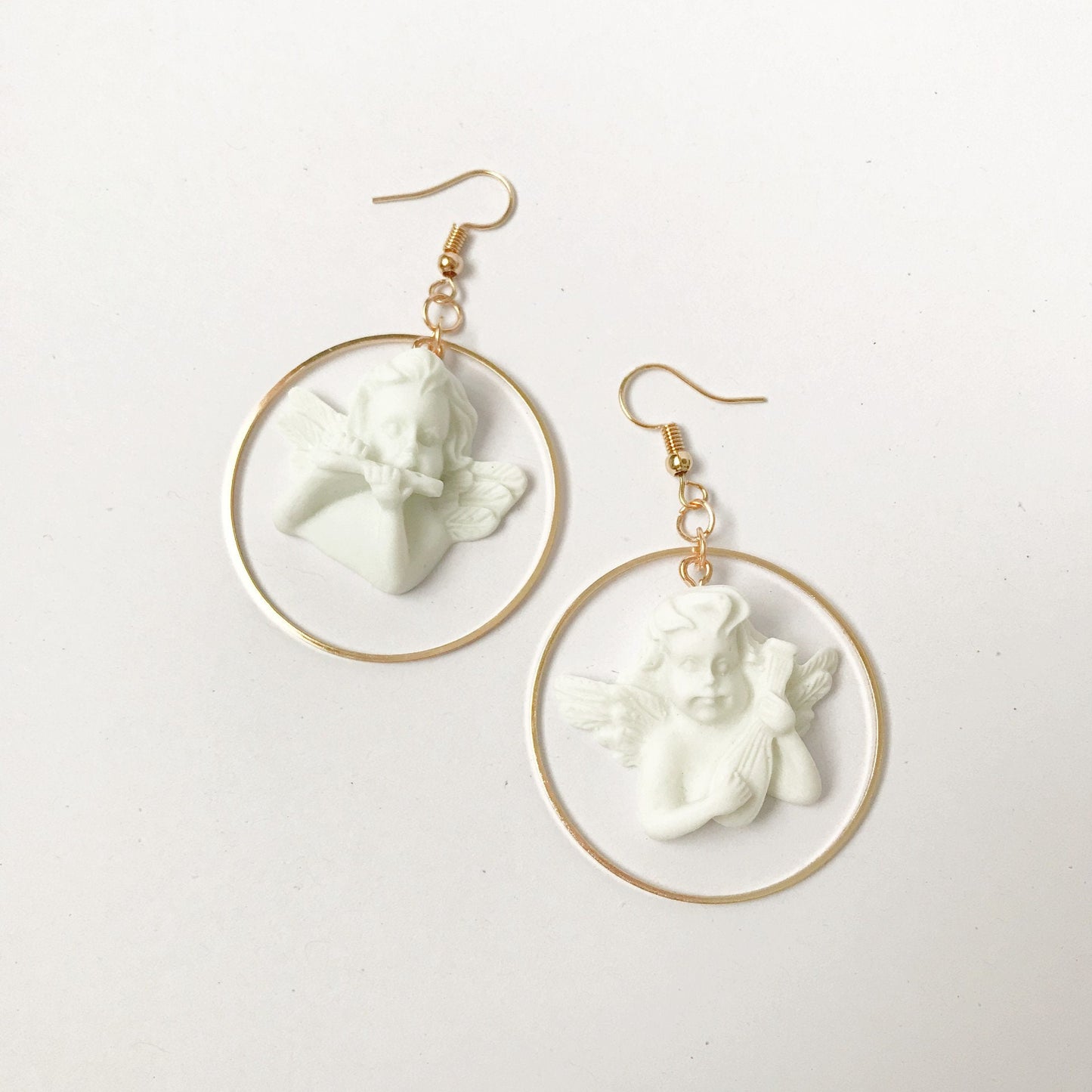 Gold & White Cherub Hoop Earrings - Lightweight Hoop Earrings, Cherub Earrings, Love Earrings, Cute Earrings, Gold Earrings, Gold Jewellery
