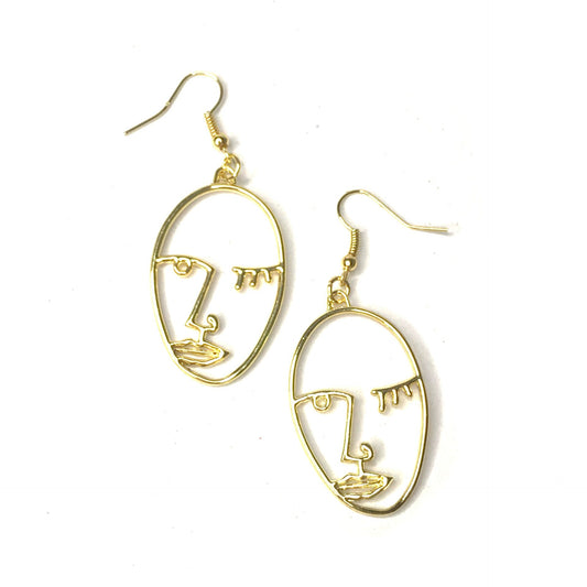 Gold Plated Hollow Out Face Charm Drop Earrings - Feminist Earrings, Abstract Face Earrings, High Polished, Hanging Jewellery, Accessories