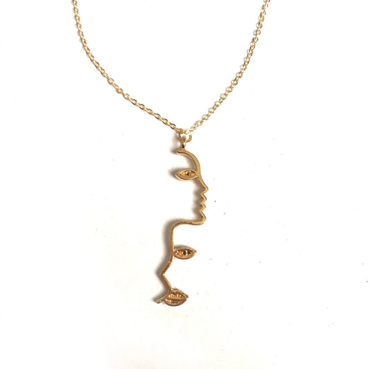 Gold Abstract Face Outline Necklace - Art Feminist Necklace,Liberal Art Jewelry,Novelty,Funky Jewellery,Picasso Face Necklace, Abstract