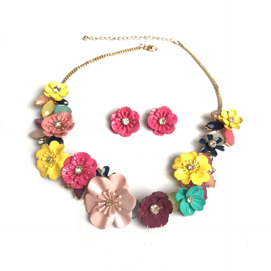 Gold Plated Flower Necklace & Earrings- Gold Jewellery,Accessories,Charm Necklace,Matching Jewellery Set,Pink Flower Necklace,Pink Earrings