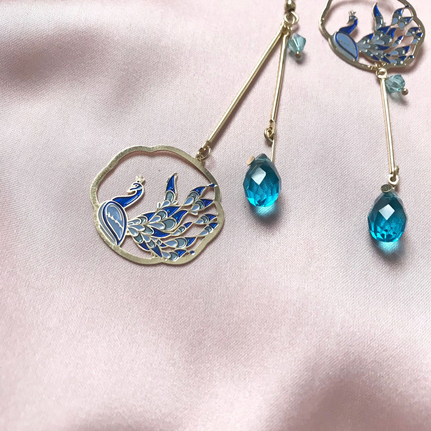 Blue Peacock Drop Earrings -  Blue Earrings, Blue Jewellery, Hanging Jewellery, Gold Accessories,Gold Jewellery,Gold Earrings, Blue Gems