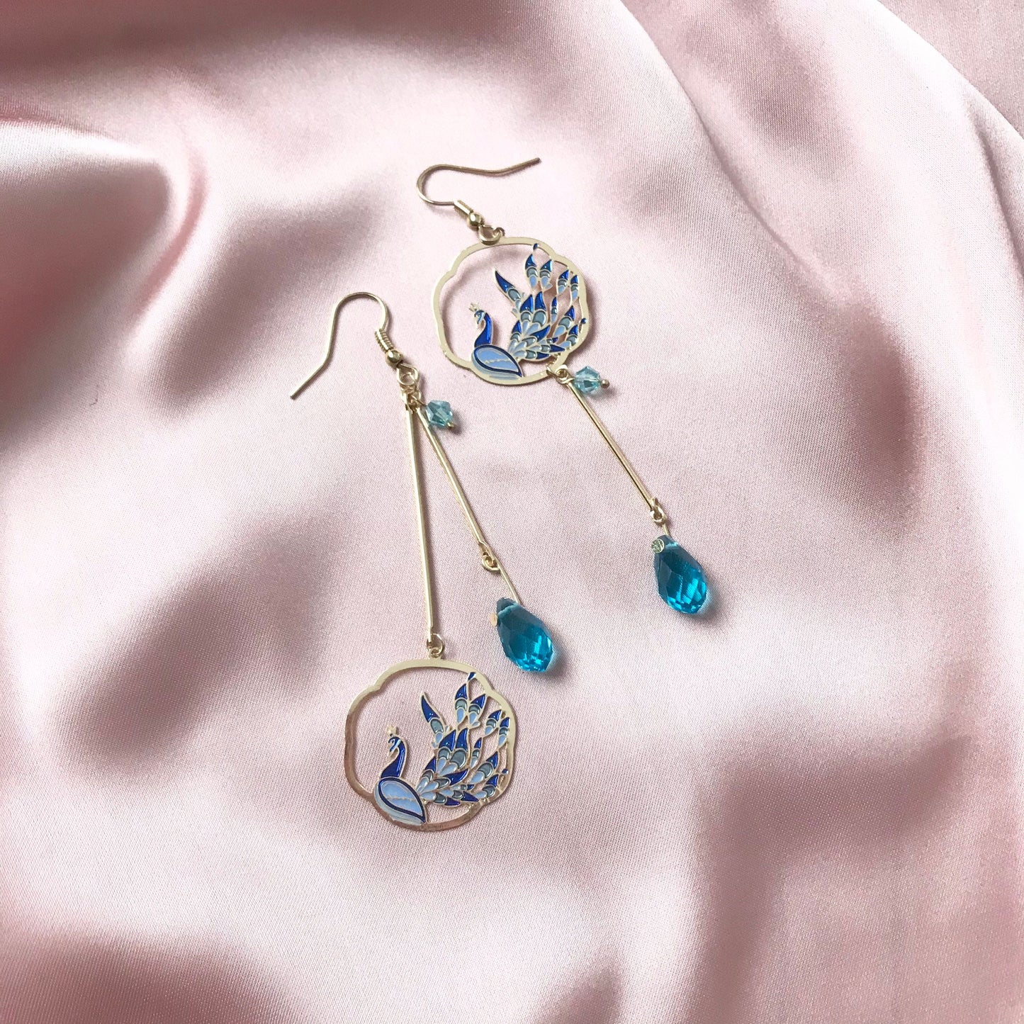 Blue Peacock Drop Earrings -  Blue Earrings, Blue Jewellery, Hanging Jewellery, Gold Accessories,Gold Jewellery,Gold Earrings, Blue Gems