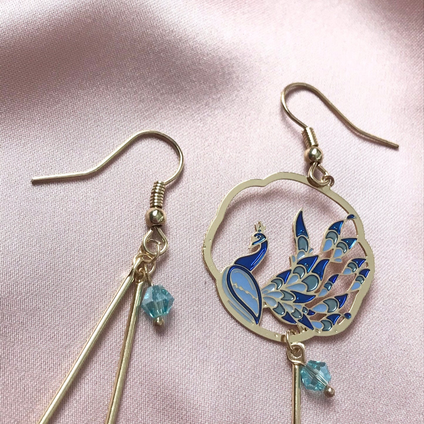 Blue Peacock Drop Earrings -  Blue Earrings, Blue Jewellery, Hanging Jewellery, Gold Accessories,Gold Jewellery,Gold Earrings, Blue Gems