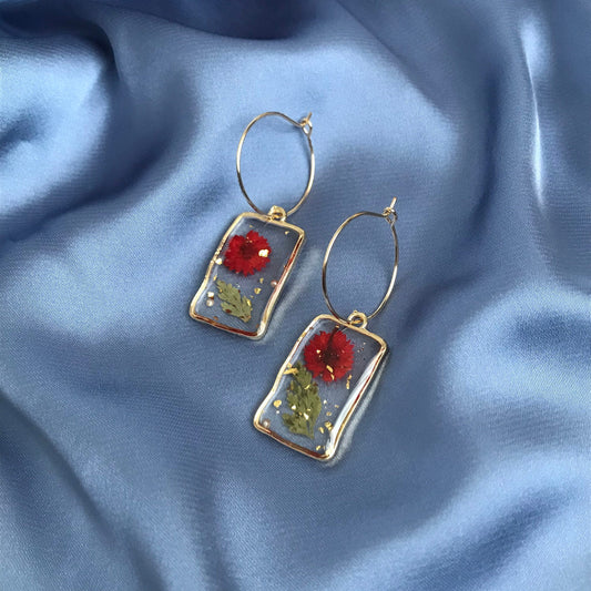Flower Rectangle Drop Earrings - Hanging Jewellery, Accessories, Flower Earrings, Flower Jewlellery, Red Flower Earrings, Statement Earrings