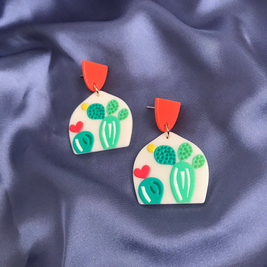 Cactus Drop Earrings - Hanging Jewellery, Accessories,Cactus Earrings,Cactus Jewlellery,Pink Flower Earrings,Green Cactus,Statement Earrings