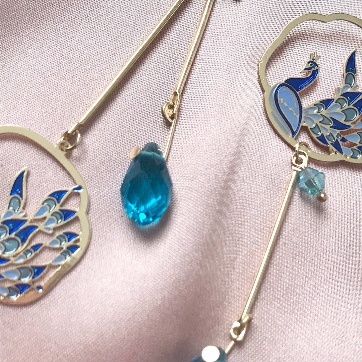 Blue Peacock Drop Earrings -  Blue Earrings, Blue Jewellery, Hanging Jewellery, Gold Accessories,Gold Jewellery,Gold Earrings, Blue Gems