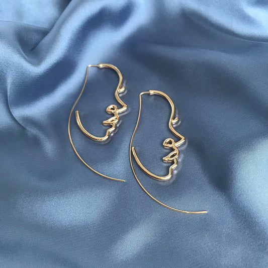 Gold Plated Hollow Out Face Charm Drop Earrings - Feminist Earrings, Abstract Face Earrings, High Polished, Hanging Jewellery, Accessories