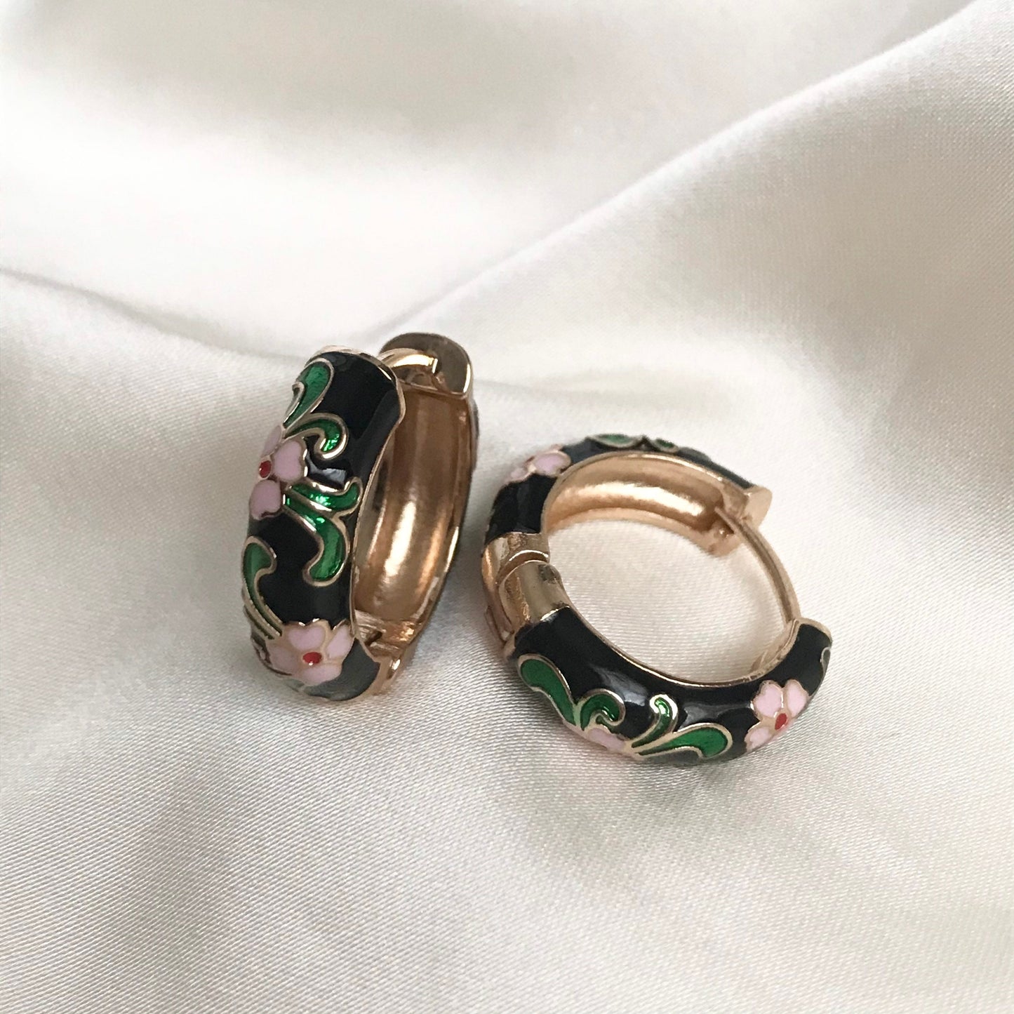 Black Flower Hoop Earrings - Hanging Jewellery, Accessories, Flower Earrings, Flower Jewlellery, Vintage Style Earrings,Pink Flower Earrings