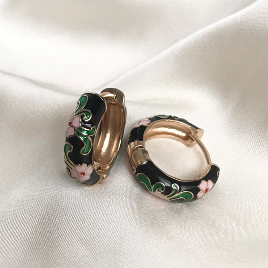 Black Flower Hoop Earrings - Hanging Jewellery, Accessories, Flower Earrings, Flower Jewlellery, Vintage Style Earrings,Pink Flower Earrings