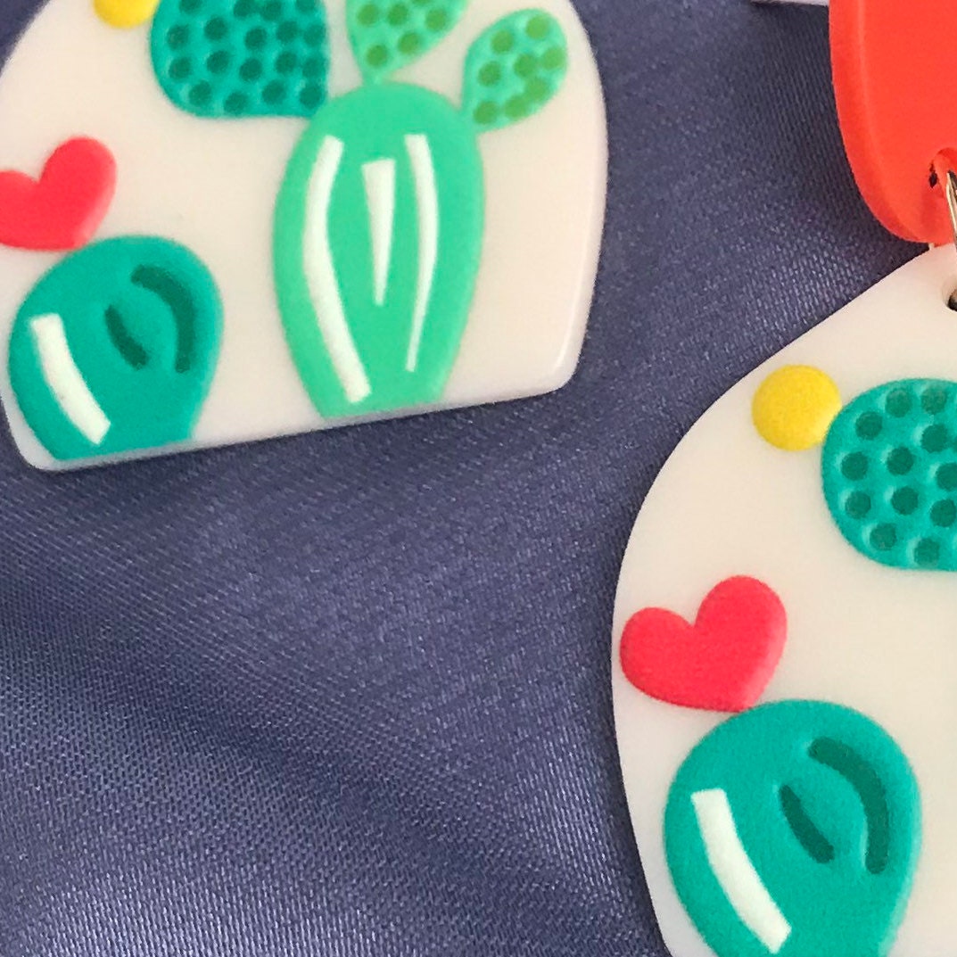 Cactus Drop Earrings - Hanging Jewellery, Accessories,Cactus Earrings,Cactus Jewlellery,Pink Flower Earrings,Green Cactus,Statement Earrings