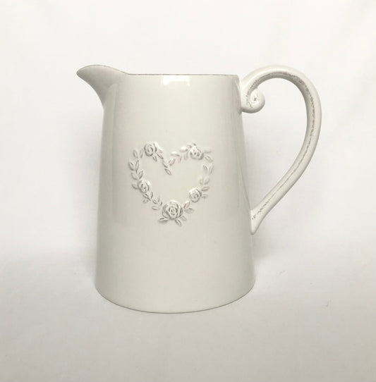 Rustic White Heart Jug - White Jug, White Vase, White Ceramic Jug, Decorative Jug, Homeware, Home Decor, Tall Jug, Tall Vase, Ceramic Decor