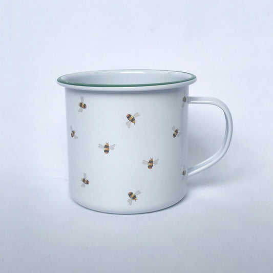 White Bumble Bee Design Tin Mug - White Mug, Bee Mug, Coffee Cup, Gifts For Her, Camping Mug, Garden Mug, Cute Mug, Bee Design Cup