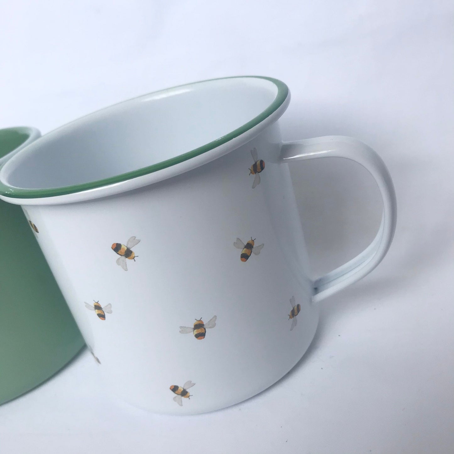 Set of 2 Bumble Bee Design Tin Mug - White Mug, Bee Mug, Coffee Cup, Gifts For Her, Camping Mug, Garden Mug, Cute Mug, Bee Design Cup