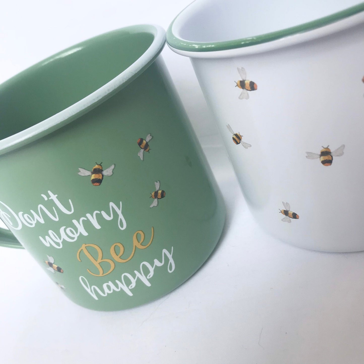 Set of 2 Bumble Bee Design Tin Mug - White Mug, Bee Mug, Coffee Cup, Gifts For Her, Camping Mug, Garden Mug, Cute Mug, Bee Design Cup