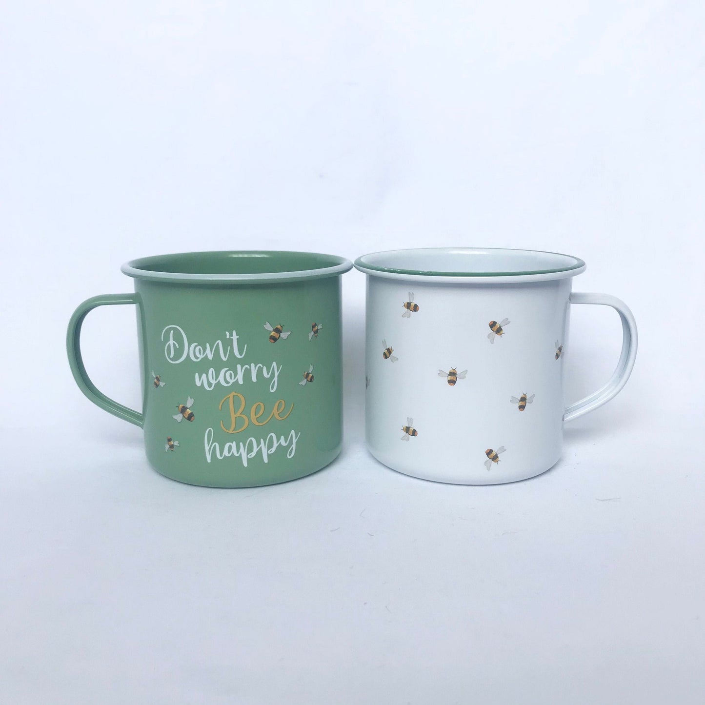 Set of 2 Bumble Bee Design Tin Mug - White Mug, Bee Mug, Coffee Cup, Gifts For Her, Camping Mug, Garden Mug, Cute Mug, Bee Design Cup