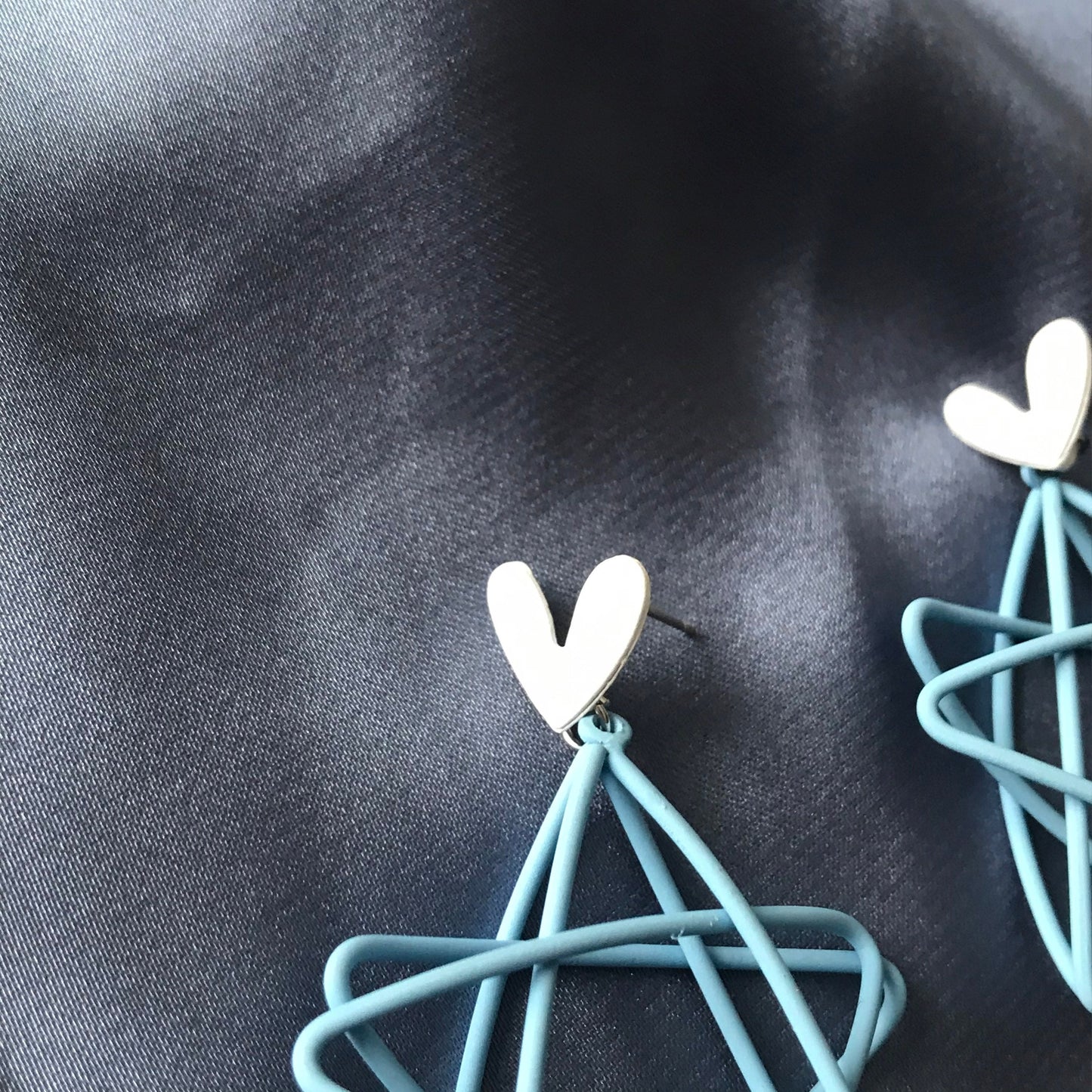 Blue & White Star Charm Drop Earrings - Hanging Jewellery, Accessories, Star Jewellery, Blue Earrings, 3D White Heart Statement Earrings