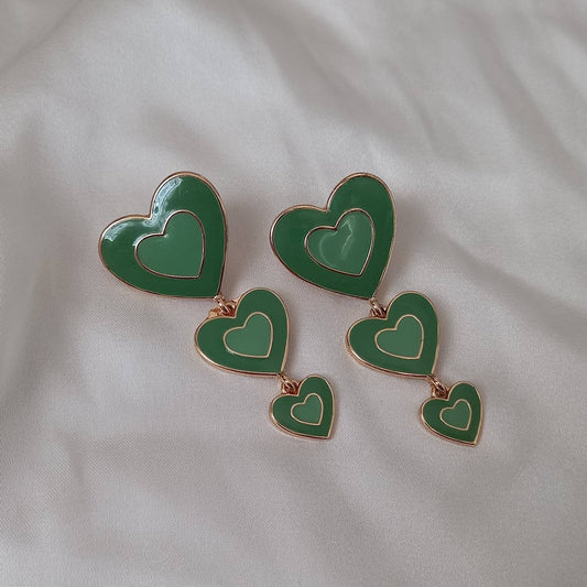 Green & Gold Retro Heart Drop Earrings -  70's Style Earrings, Vintage Style, Hanging Jewellery,Accessories,Green Jewellery,Gold Earrings