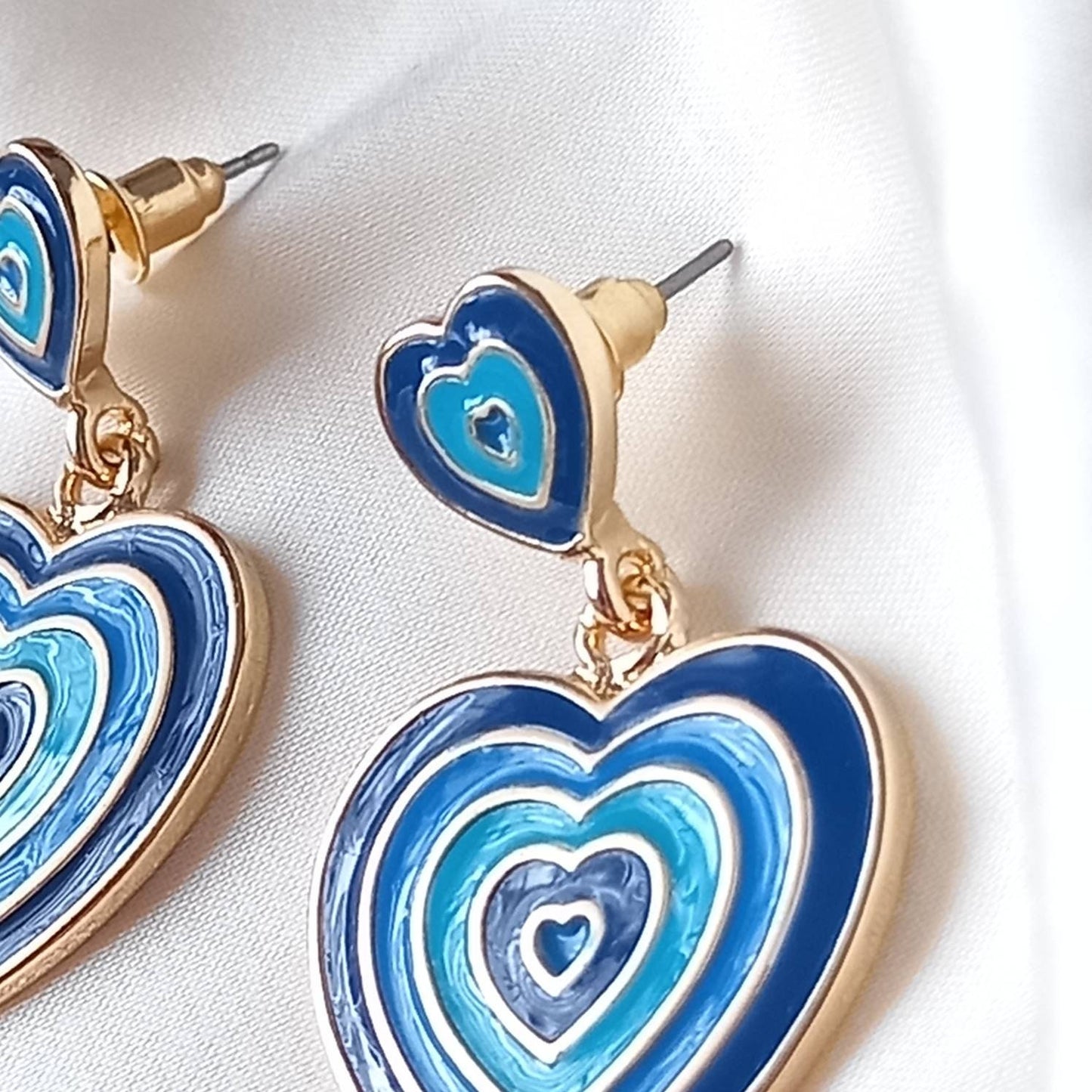 Blue & Gold Retro Heart Drop Earrings -  70's Style Earrings, Vintage Style, Hanging Jewellery,Accessories,Blue Jewellery,Gold Earrings